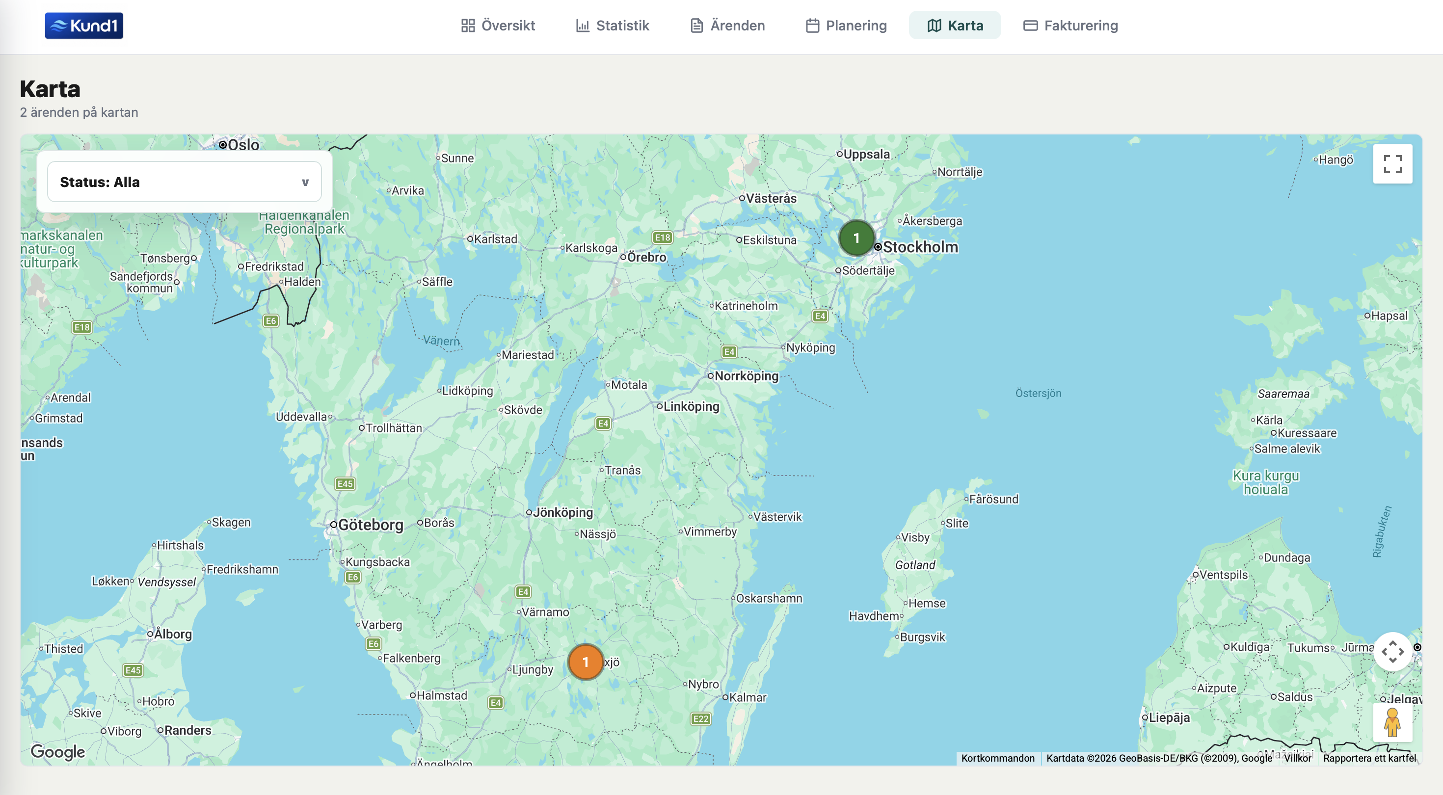 Kartvy med serviceärenden placerade geografiskt